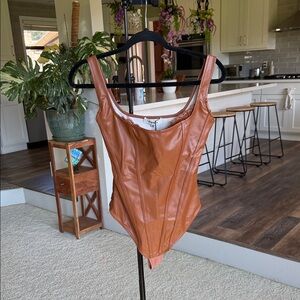 POPILUSH-Faux Leather Cognac Bodysuit